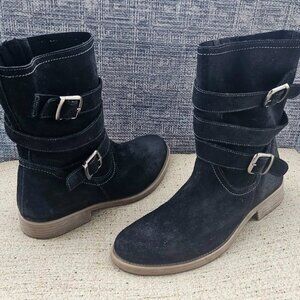 Roan Women Boots Black Suede Leather Distressed Moto Grunge Buckle Shoes Size 10
